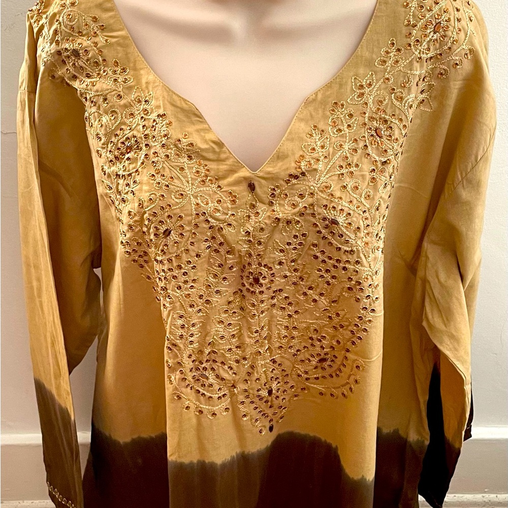 Sweet Lady colorblock beige brown embroidered embellished boho tunic, size 1X